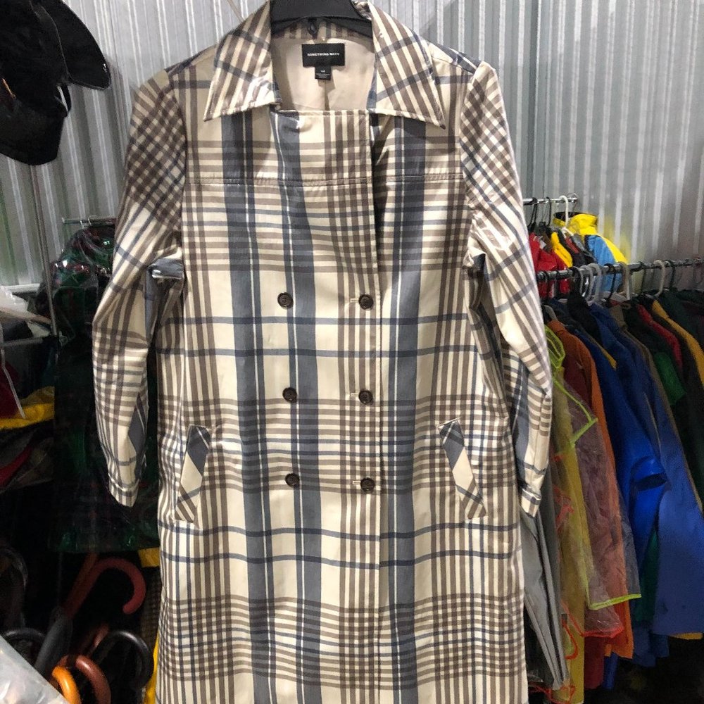 Something Navy birch plaid glossy trench raincoat